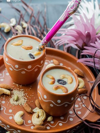 Poppy seeds payasam served in earthenware glasses