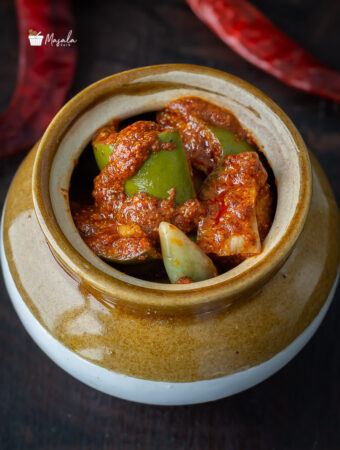 Mango pickle stored in a ceramic jar