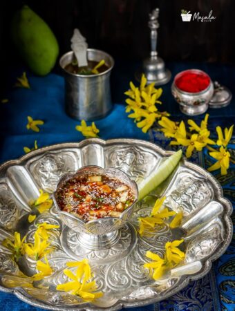 Ugadi Pachadi served on a puja thali