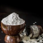 Fine rice flour in a wooden bowl