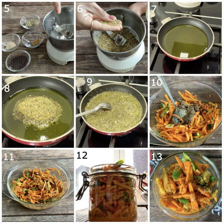 Making of turmeric pickle showing stepwise pictures