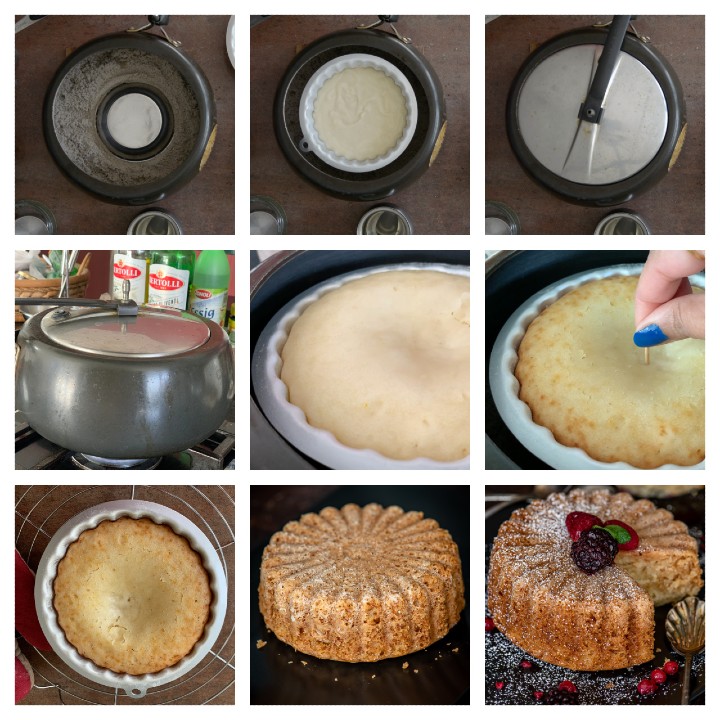 Stepwise pictorial guide to bake Eggless Vanilla Cake Recipe in pressure cooker