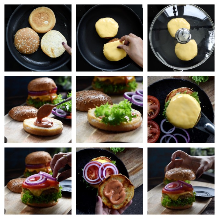 Aloo Tikki Burger Recipe assembling steps