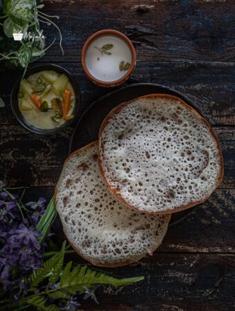 Appam Recipe Without Yeast served with vegetable stew & sweet coconut milk