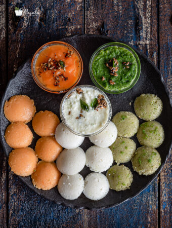 Tricolour Idli Recipe served with Tricolour Chutneys