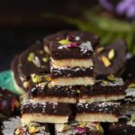 Close up view of a Stack of chocolate barfi