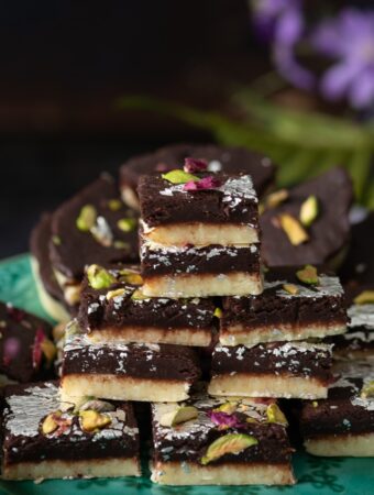 Close up view of a Stack of chocolate barfi