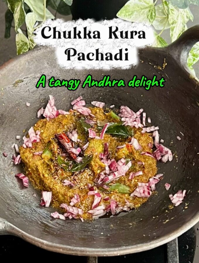 Chukka kura Pachadi served in a black mud pan.